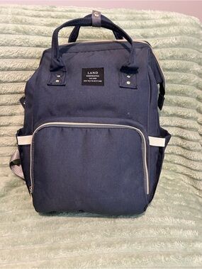 LAND Large Diaper Bag Backpack Navy Blue Mommy Bag w Changing Pad Multi Pocket